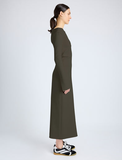 Proenza Schouler Side Full Length On Model image of  Yara Dress In Bi-Stretch Suiting in Earth
