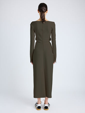 Proenza Schouler Back Full Length On Model image of  Yara Dress In Bi-Stretch Suiting in Earth