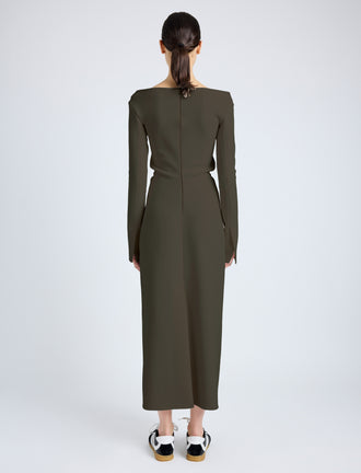 Proenza Schouler Back Full Length On Model image of  Yara Dress In Bi-Stretch Suiting in Earth