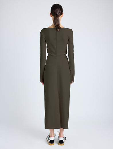Proenza Schouler Back Full Length On Model image of  Yara Dress In Bi-Stretch Suiting in Earth