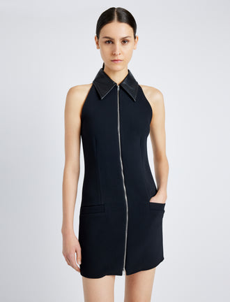 Proenza Schouler Detail image of model wearing Emi Dress in Bi-Stretch Suiting in BLACK