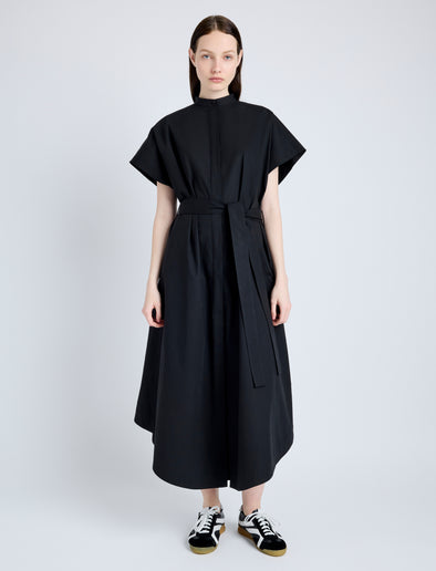 Proenza Schouler Front full length image of model wearing Walker Dress in Eco Poplin in BLACK