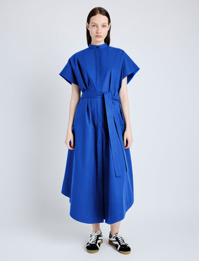 Proenza Schouler Front full length image of model wearing Walker Dress in Eco Poplin in BLUE
