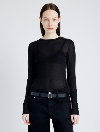 Proenza Schouler Front cropped image of model wearing Kaiya Top in Sheer Slub Jersey in BLACK
