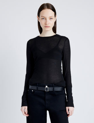 Proenza Schouler Front cropped image of model wearing Kaiya Top in Sheer Slub Jersey in BLACK