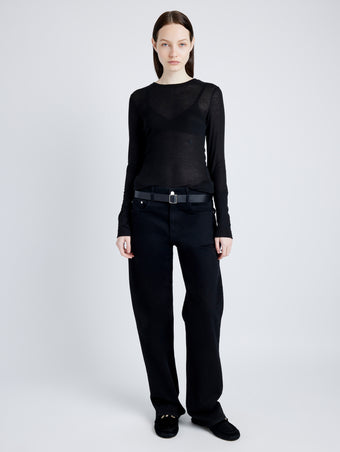 Proenza Schouler Front full length image of model wearing Kaiya Top in Sheer Slub Jersey in BLACK