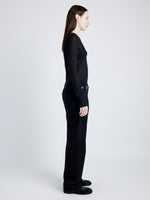 Proenza Schouler Side full length image of model wearing Kaiya Top in Sheer Slub Jersey in BLACK