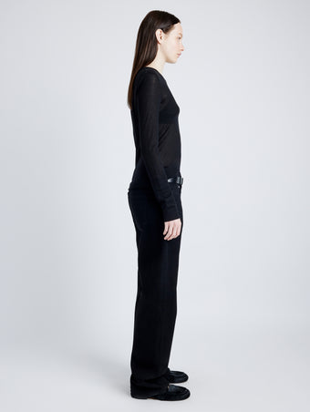 Proenza Schouler Side full length image of model wearing Kaiya Top in Sheer Slub Jersey in BLACK
