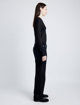 Proenza Schouler Side full length image of model wearing Kaiya Top in Sheer Slub Jersey in BLACK