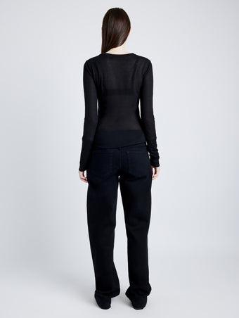Proenza Schouler Back full length image of model wearing Kaiya Top in Sheer Slub Jersey in BLACK