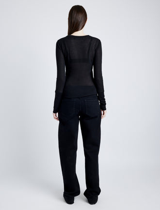Proenza Schouler Back full length image of model wearing Kaiya Top in Sheer Slub Jersey in BLACK