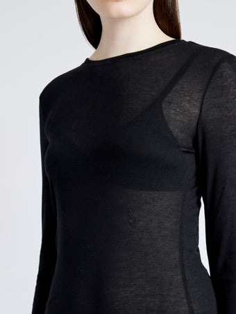 Proenza Schouler Detail image of model wearing Kaiya Top in Sheer Slub Jersey in BLACK