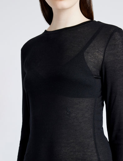 Proenza Schouler Detail image of model wearing Kaiya Top in Sheer Slub Jersey in BLACK