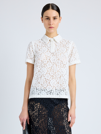 Proenza Schouler Front cropped image of model wearing Kennedy Top in Stretch Lace in OFF WHITE