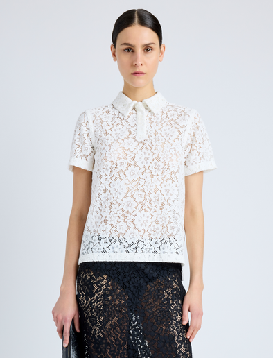 Proenza Schouler Front cropped image of model wearing Kennedy Top in Stretch Lace in OFF WHITE