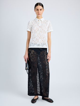 Proenza Schouler Front full length image of model wearing Kennedy Top in Stretch Lace in OFF WHITE