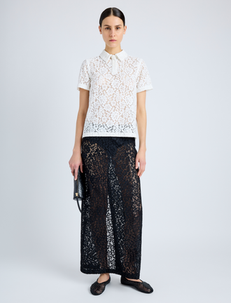 Proenza Schouler Front full length image of model wearing Kennedy Top in Stretch Lace in OFF WHITE