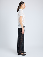 Proenza Schouler Side full length image of model wearing Kennedy Top in Stretch Lace in OFF WHITE