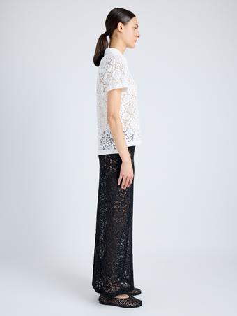 Proenza Schouler Side full length image of model wearing Kennedy Top in Stretch Lace in OFF WHITE
