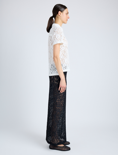 Proenza Schouler Side full length image of model wearing Kennedy Top in Stretch Lace in OFF WHITE