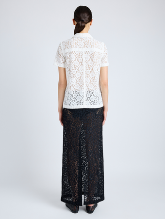 Proenza Schouler Back full length image of model wearing Kennedy Top in Stretch Lace in OFF WHITE