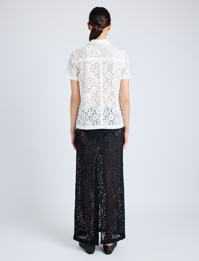 Proenza Schouler Back full length image of model wearing Kennedy Top in Stretch Lace in OFF WHITE