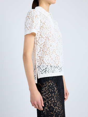 Proenza Schouler Detail image of model wearing Kennedy Top in Stretch Lace in OFF WHITE
