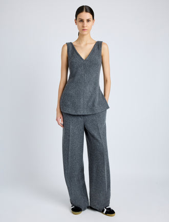 Proenza Schouler Front full length image of model wearing Winona Top in Wool Jersey in DARK GREY MELANGE