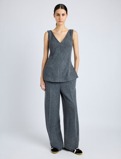 Proenza Schouler Front full length image of model wearing Winona Top in Wool Jersey in DARK GREY MELANGE