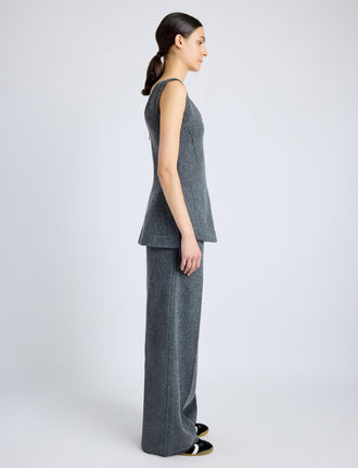 Proenza Schouler Side full length image of model wearing Winona Top in Wool Jersey in DARK GREY MELANGE