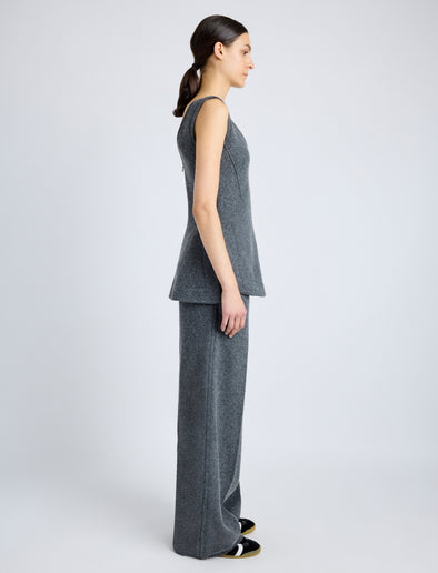 Proenza Schouler Side full length image of model wearing Winona Top in Wool Jersey in DARK GREY MELANGE