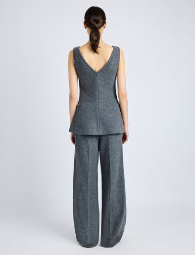 Proenza Schouler Back full length image of model wearing Winona Top in Wool Jersey in DARK GREY MELANGE