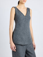 Proenza Schouler Detail image of model wearing Winona Top in Wool Jersey in DARK GREY MELANGE