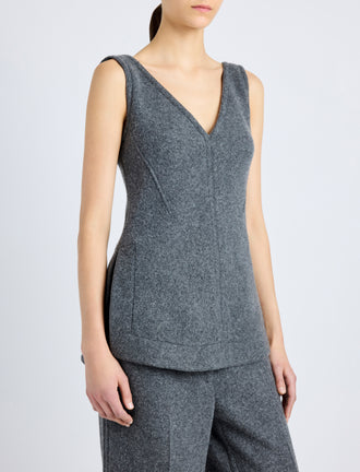 Proenza Schouler Detail image of model wearing Winona Top in Wool Jersey in DARK GREY MELANGE