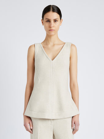 Proenza Schouler Front cropped image of model wearing Winona Top in Wool Jersey in TAUPE MELANGE