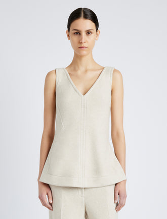 Proenza Schouler Front cropped image of model wearing Winona Top in Wool Jersey in TAUPE MELANGE