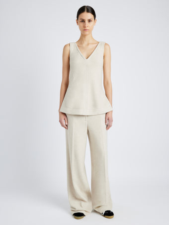 Proenza Schouler Front full length image of model wearing Winona Top in Wool Jersey in TAUPE MELANGE