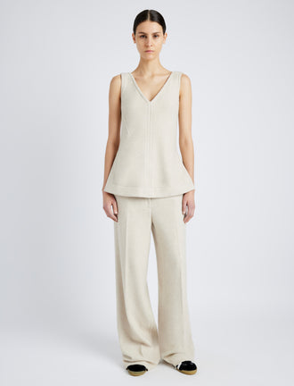Proenza Schouler Front full length image of model wearing Winona Top in Wool Jersey in TAUPE MELANGE