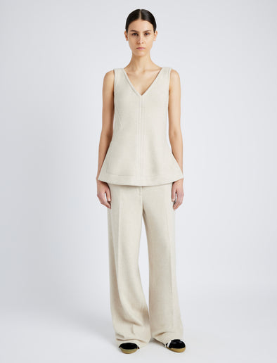 Proenza Schouler Front full length image of model wearing Winona Top in Wool Jersey in TAUPE MELANGE