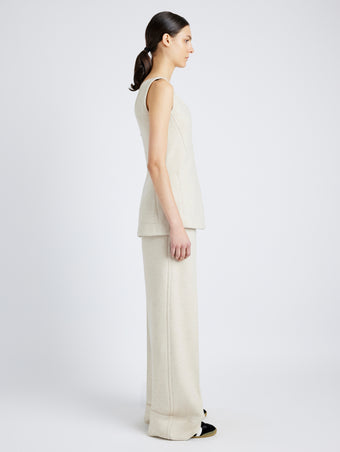 Proenza Schouler Side full length image of model wearing Winona Top in Wool Jersey in TAUPE MELANGE