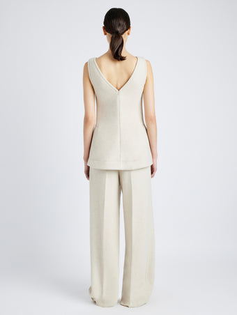 Proenza Schouler Back full length image of model wearing Winona Top in Wool Jersey in TAUPE MELANGE
