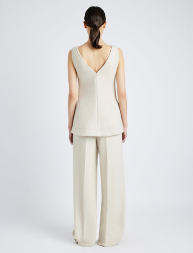 Proenza Schouler Back full length image of model wearing Winona Top in Wool Jersey in TAUPE MELANGE