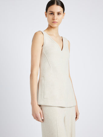 Proenza Schouler Detail image of model wearing Winona Top in Wool Jersey in TAUPE MELANGE