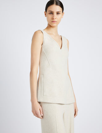 Proenza Schouler Detail image of model wearing Winona Top in Wool Jersey in TAUPE MELANGE