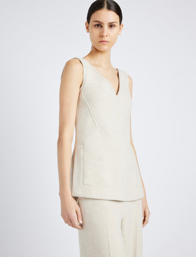 Proenza Schouler Detail image of model wearing Winona Top in Wool Jersey in TAUPE MELANGE