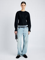 Proenza Schouler Front full length image of model wearing Ivonne Top in Eco Poplin in BLACK