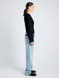 Proenza Schouler Side full length image of model wearing Ivonne Top in Eco Poplin in BLACK