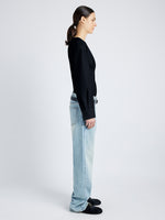 Proenza Schouler Side full length image of model wearing Ivonne Top in Eco Poplin in BLACK