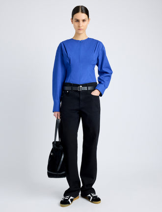 Proenza Schouler Front full length image of model wearing Ivonne Top in Eco Poplin in BLUE