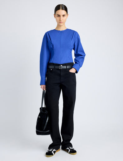 Proenza Schouler Front full length image of model wearing Ivonne Top in Eco Poplin in BLUE